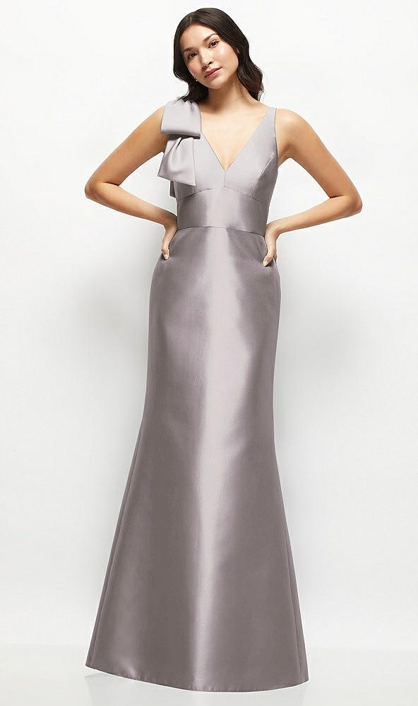 Front View - Cashmere Gray Deep V-back Satin Trumpet Dress with Cascading Bow at One Shoulder