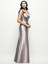 Side View Thumbnail - Cashmere Gray Deep V-back Satin Trumpet Dress with Cascading Bow at One Shoulder