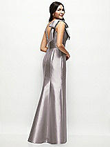 Rear View Thumbnail - Cashmere Gray Deep V-back Satin Trumpet Dress with Cascading Bow at One Shoulder