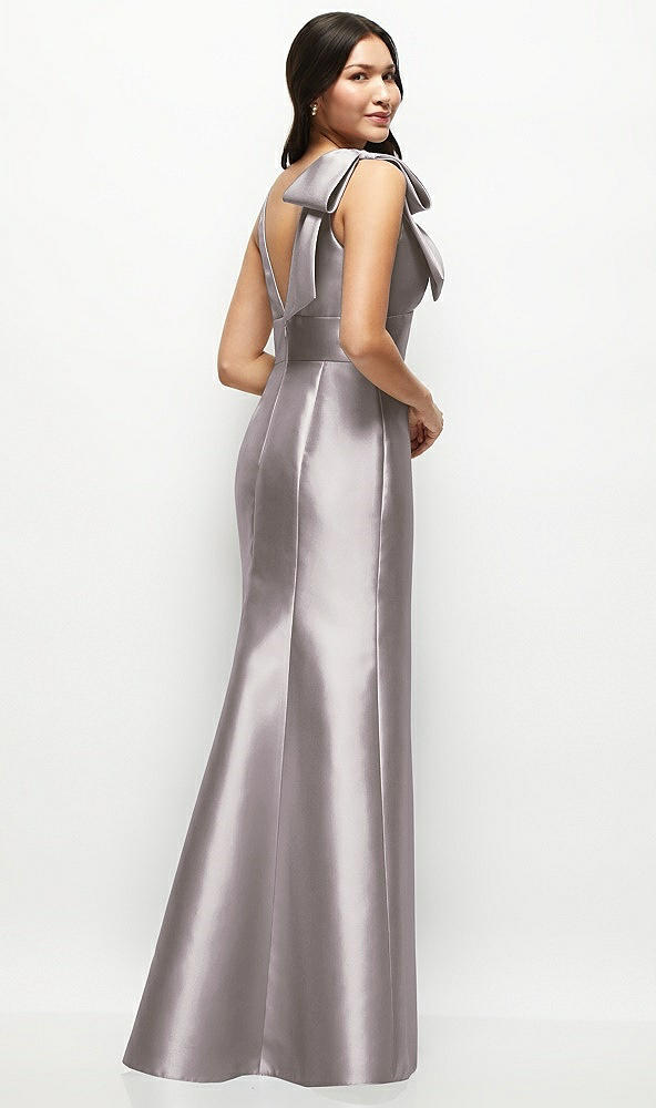 Back View - Cashmere Gray Deep V-back Satin Trumpet Dress with Cascading Bow at One Shoulder