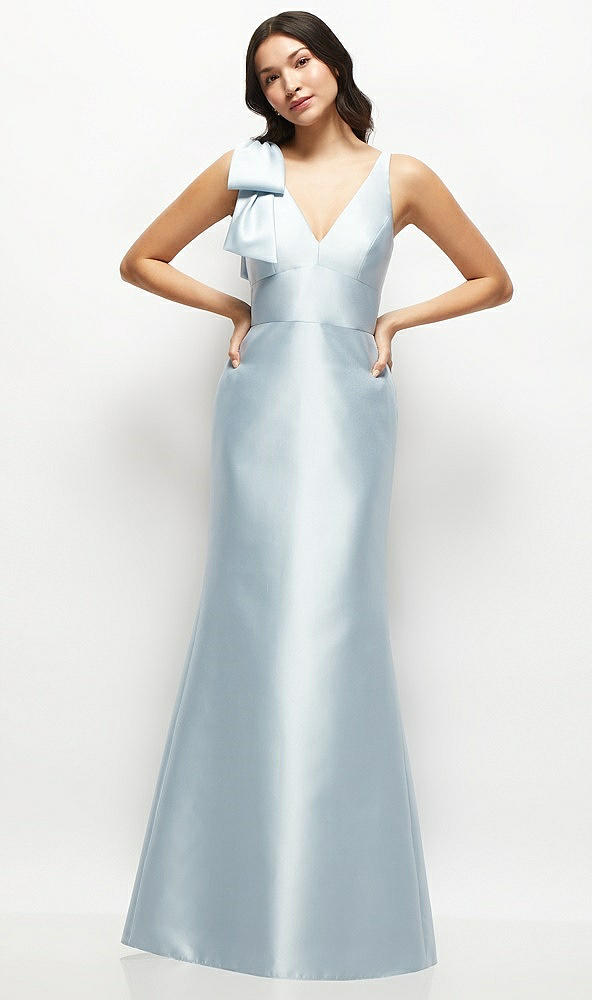 Front View - French Blue Deep V-back Satin Trumpet Dress with Cascading Bow at One Shoulder
