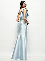 Rear View Thumbnail - French Blue Deep V-back Satin Trumpet Dress with Cascading Bow at One Shoulder