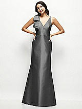 Front View Thumbnail - Gunmetal Deep V-back Satin Trumpet Dress with Cascading Bow at One Shoulder