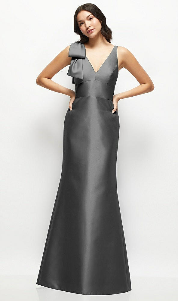 Front View - Gunmetal Deep V-back Satin Trumpet Dress with Cascading Bow at One Shoulder