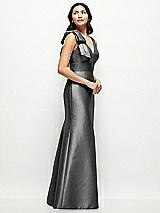 Side View Thumbnail - Gunmetal Deep V-back Satin Trumpet Dress with Cascading Bow at One Shoulder