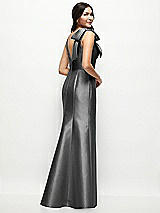 Rear View Thumbnail - Gunmetal Deep V-back Satin Trumpet Dress with Cascading Bow at One Shoulder