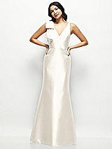 Front View Thumbnail - Ivory Deep V-back Satin Trumpet Dress with Cascading Bow at One Shoulder