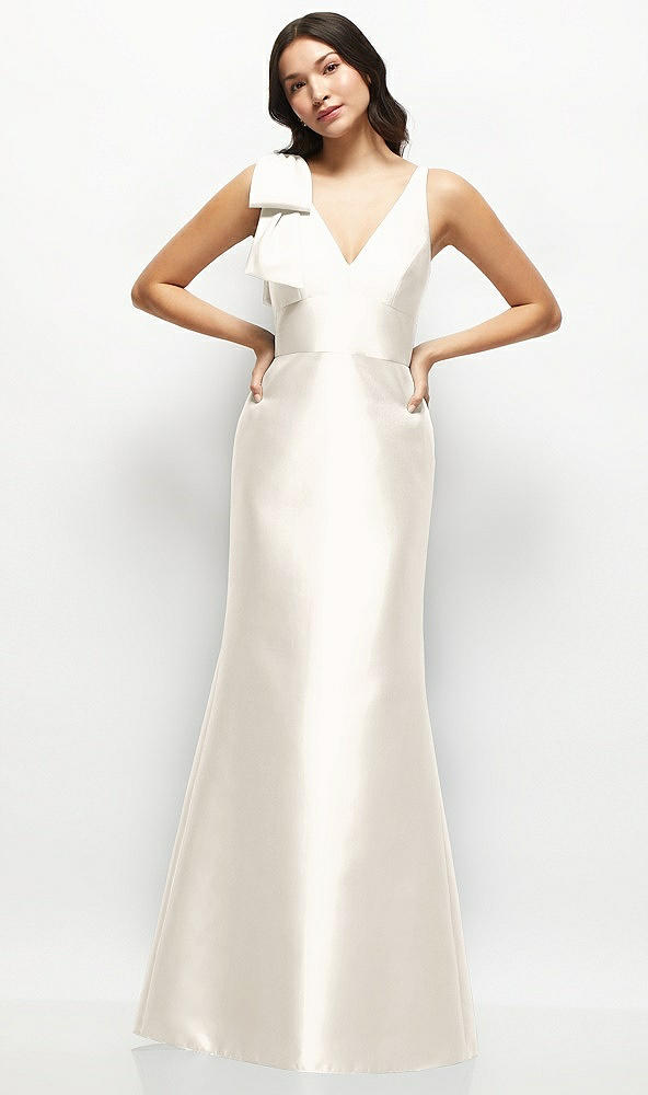 Front View - Ivory Deep V-back Satin Trumpet Dress with Cascading Bow at One Shoulder