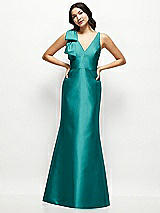 Front View Thumbnail - Jade Deep V-back Satin Trumpet Dress with Cascading Bow at One Shoulder