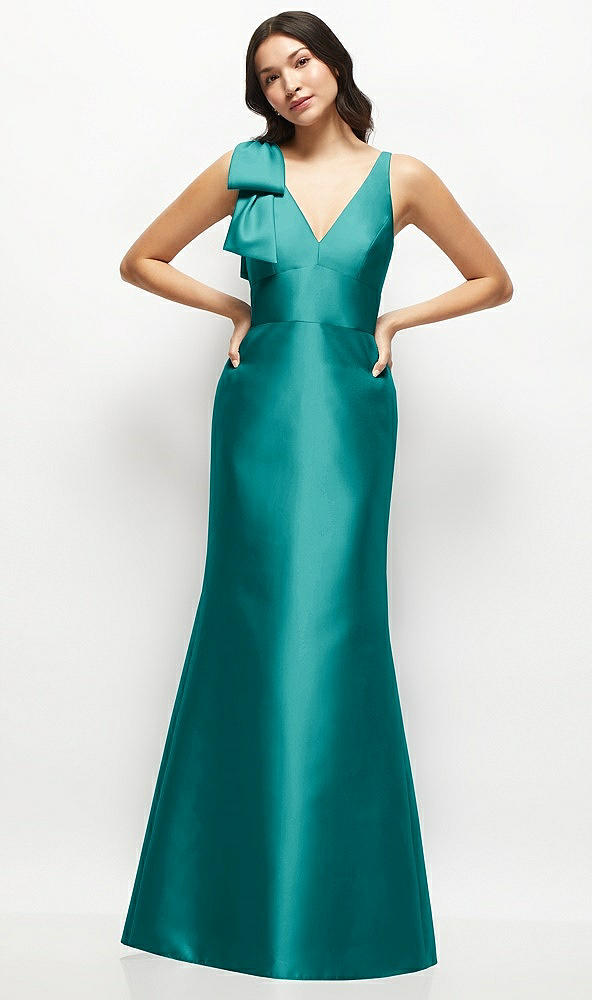 Front View - Jade Deep V-back Satin Trumpet Dress with Cascading Bow at One Shoulder