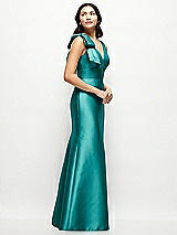 Side View Thumbnail - Jade Deep V-back Satin Trumpet Dress with Cascading Bow at One Shoulder