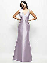Front View Thumbnail - Lilac Haze Deep V-back Satin Trumpet Dress with Cascading Bow at One Shoulder