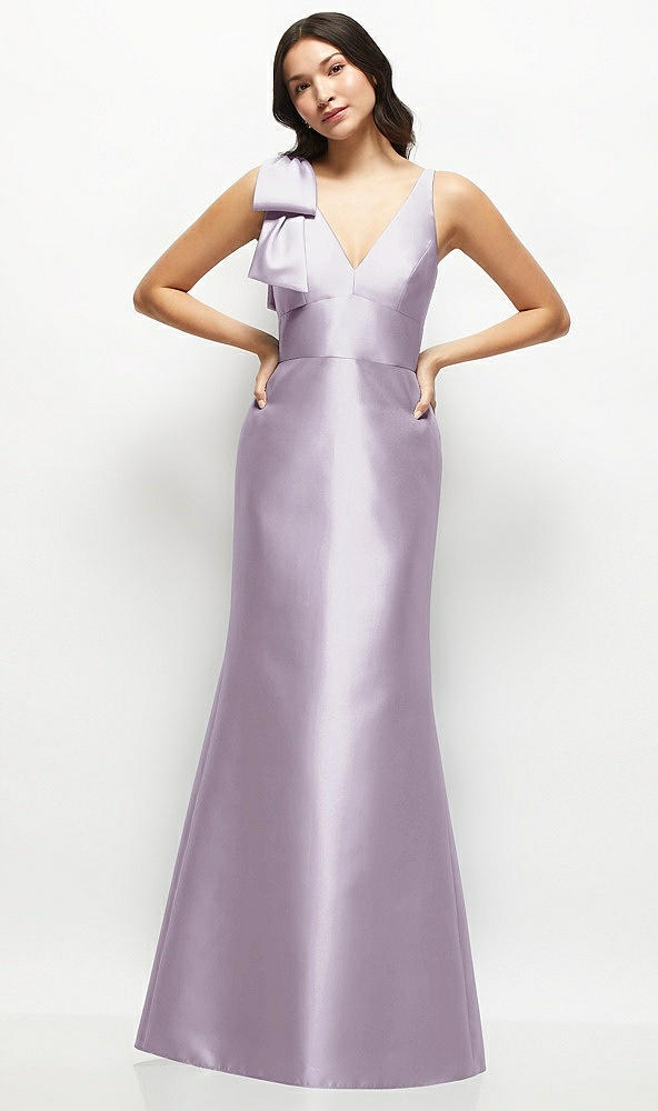 Front View - Lilac Haze Deep V-back Satin Trumpet Dress with Cascading Bow at One Shoulder