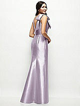 Rear View Thumbnail - Lilac Haze Deep V-back Satin Trumpet Dress with Cascading Bow at One Shoulder