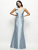 Front View Thumbnail - Mist Deep V-back Satin Trumpet Dress with Cascading Bow at One Shoulder
