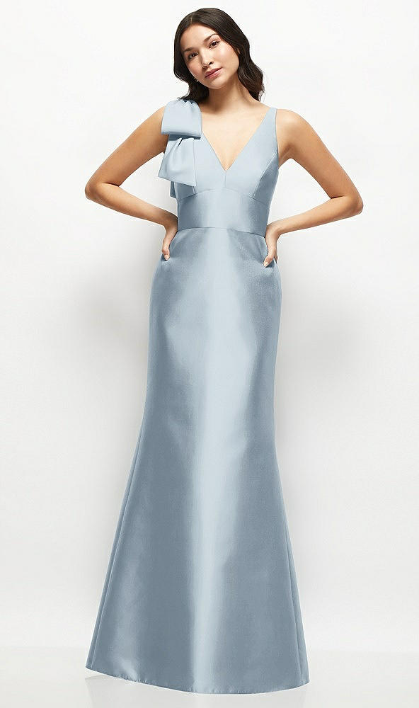 Front View - Mist Deep V-back Satin Trumpet Dress with Cascading Bow at One Shoulder