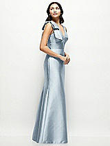 Side View Thumbnail - Mist Deep V-back Satin Trumpet Dress with Cascading Bow at One Shoulder