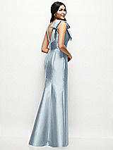 Rear View Thumbnail - Mist Deep V-back Satin Trumpet Dress with Cascading Bow at One Shoulder
