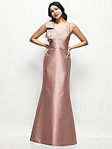 Front View Thumbnail - Neu Nude Deep V-back Satin Trumpet Dress with Cascading Bow at One Shoulder