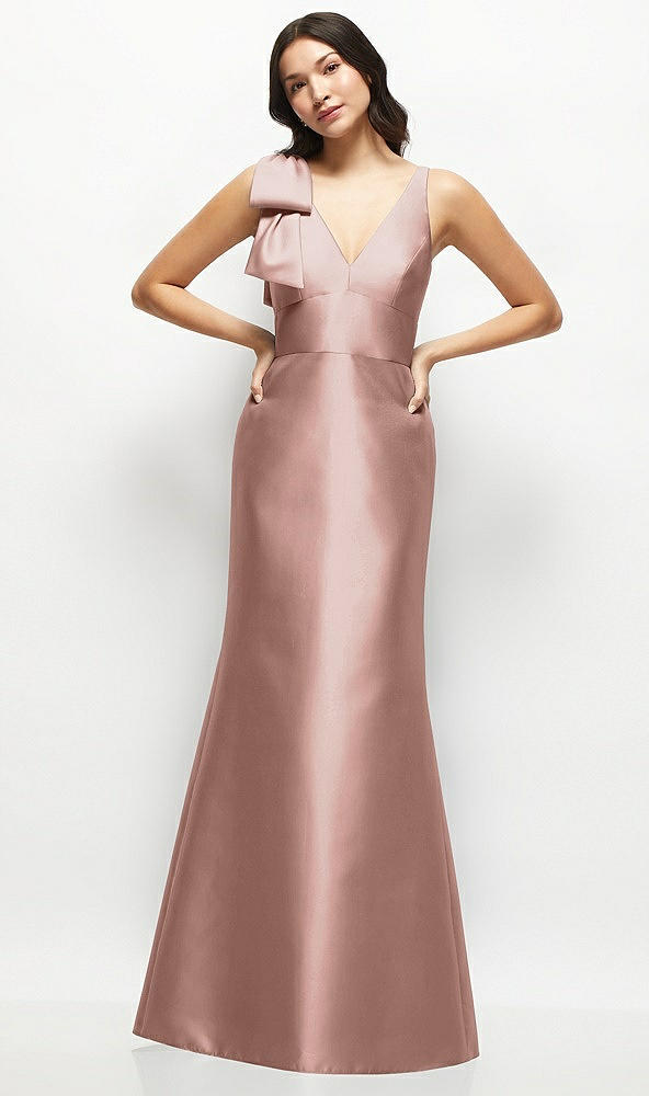 Front View - Neu Nude Deep V-back Satin Trumpet Dress with Cascading Bow at One Shoulder