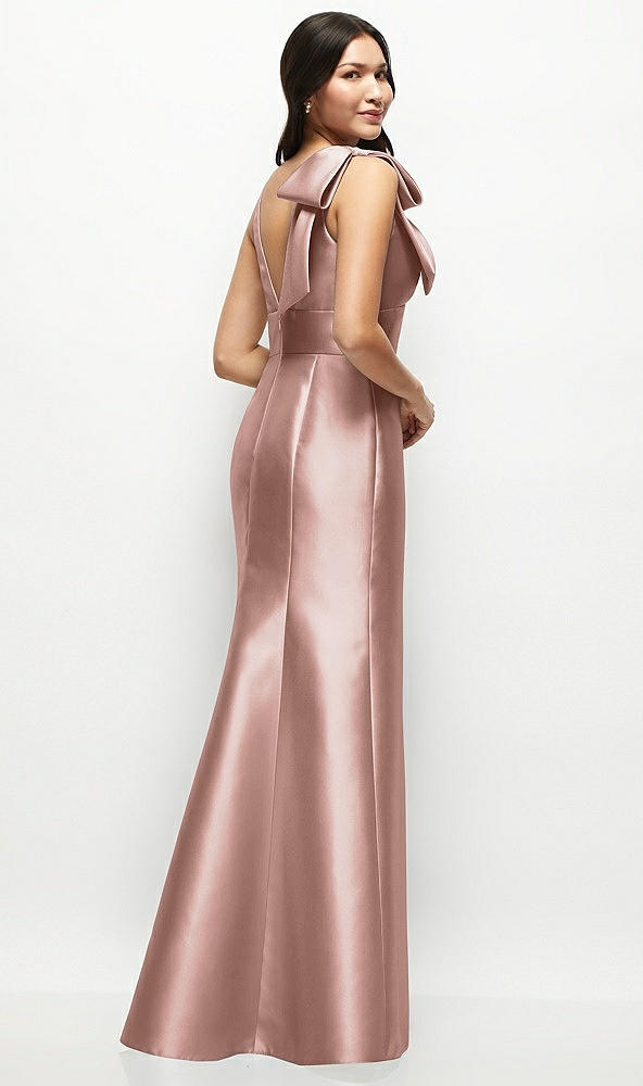 Back View - Neu Nude Deep V-back Satin Trumpet Dress with Cascading Bow at One Shoulder