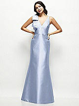 Front View Thumbnail - Sky Blue Deep V-back Satin Trumpet Dress with Cascading Bow at One Shoulder