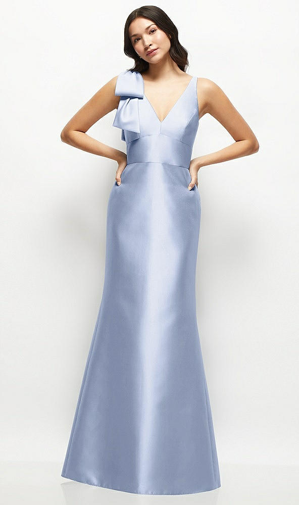 Front View - Sky Blue Deep V-back Satin Trumpet Dress with Cascading Bow at One Shoulder
