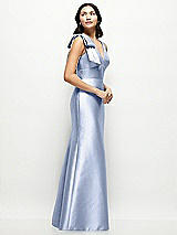 Side View Thumbnail - Sky Blue Deep V-back Satin Trumpet Dress with Cascading Bow at One Shoulder