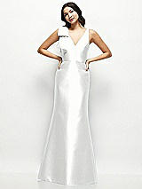 Front View Thumbnail - White Deep V-back Satin Trumpet Dress with Cascading Bow at One Shoulder