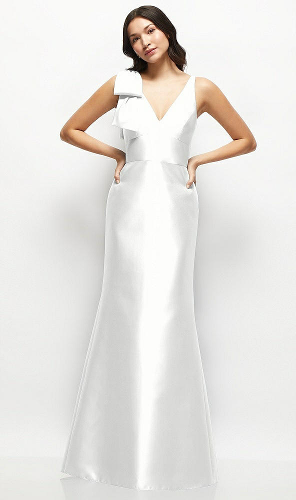 Front View - White Deep V-back Satin Trumpet Dress with Cascading Bow at One Shoulder