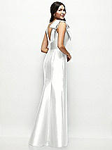 Rear View Thumbnail - White Deep V-back Satin Trumpet Dress with Cascading Bow at One Shoulder