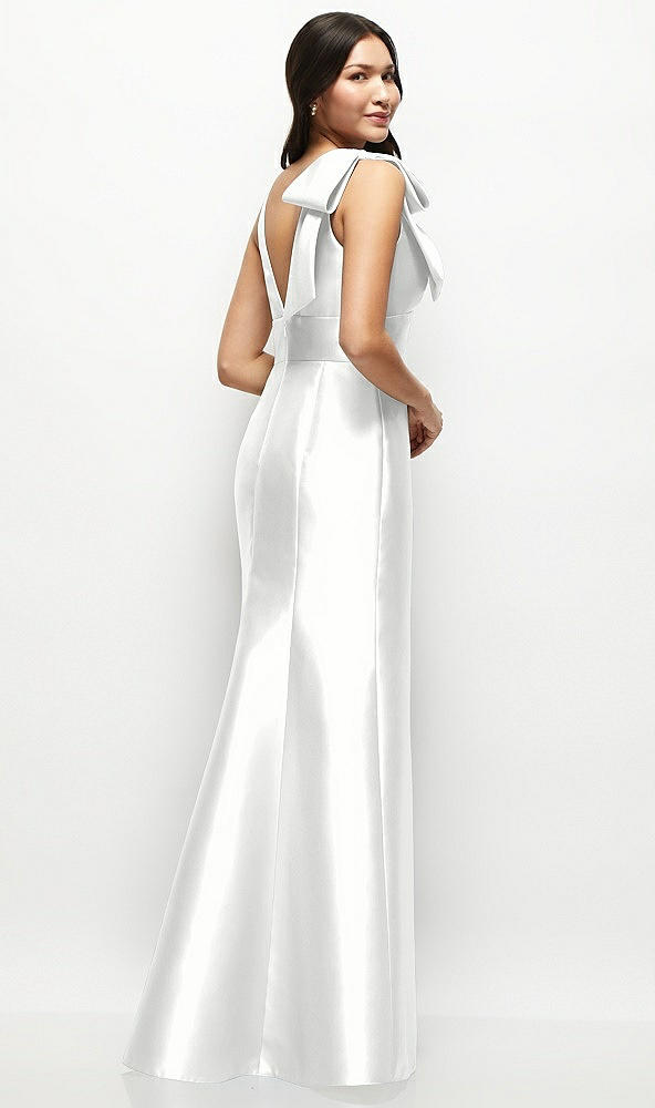 Back View - White Deep V-back Satin Trumpet Dress with Cascading Bow at One Shoulder
