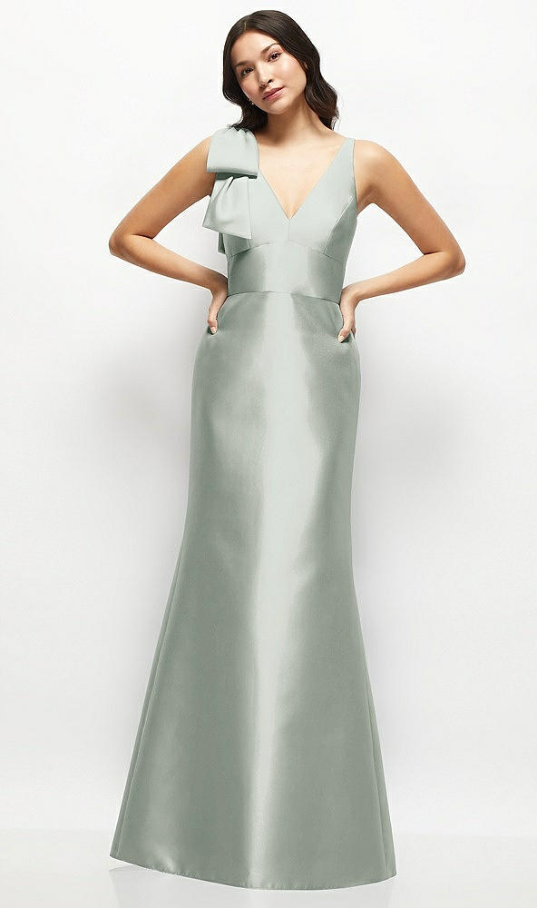 Front View - Willow Green Deep V-back Satin Trumpet Dress with Cascading Bow at One Shoulder