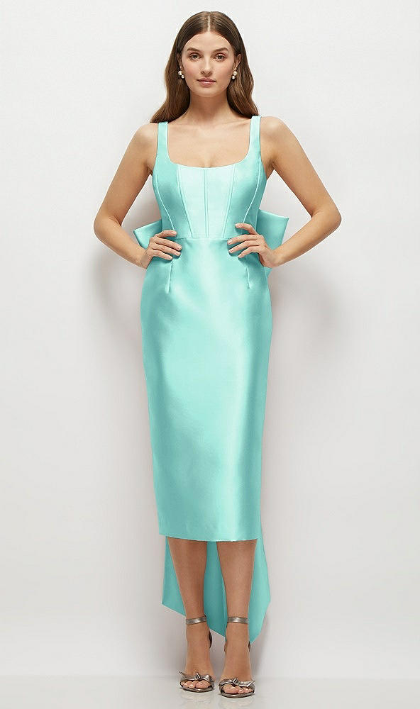 Front View - Coastal Scoop Neck Corset Satin Midi Dress with Floor-Length Bow Tails