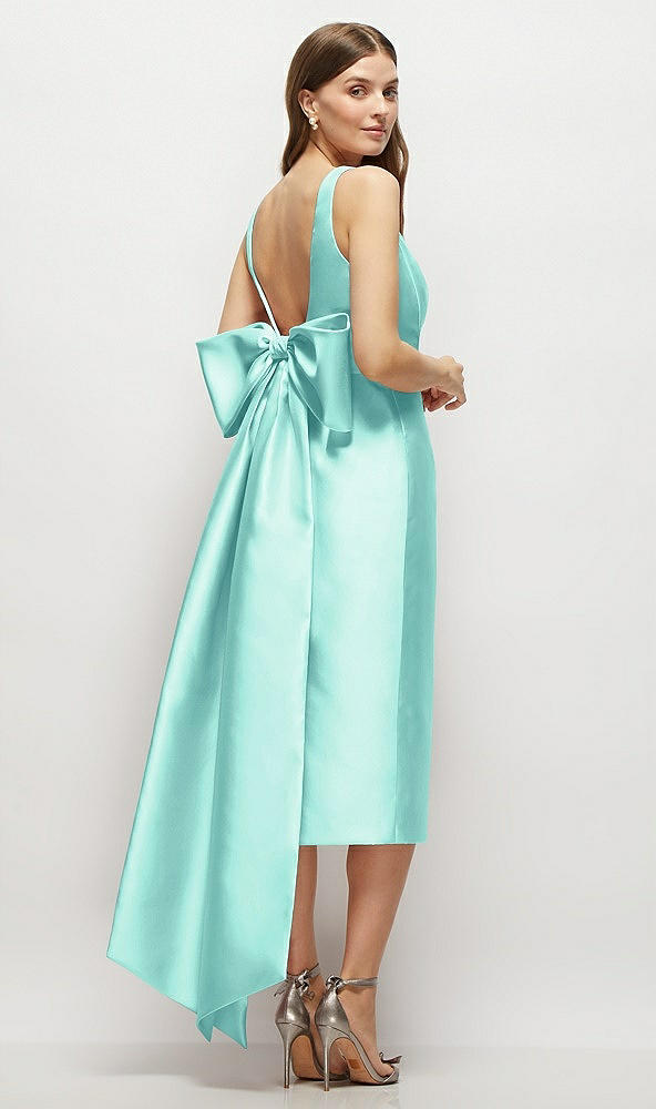 Back View - Coastal Scoop Neck Corset Satin Midi Dress with Floor-Length Bow Tails