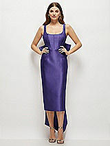 Front View Thumbnail - Grape Scoop Neck Corset Satin Midi Dress with Floor-Length Bow Tails