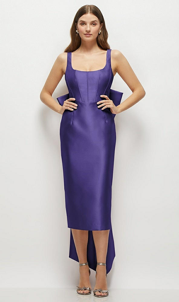 Front View - Grape Scoop Neck Corset Satin Midi Dress with Floor-Length Bow Tails