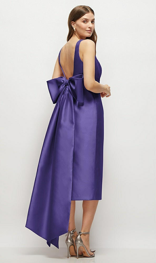 Back View - Grape Scoop Neck Corset Satin Midi Dress with Floor-Length Bow Tails