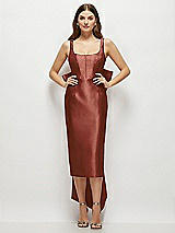 Front View Thumbnail - Auburn Moon Scoop Neck Corset Satin Midi Dress with Floor-Length Bow Tails