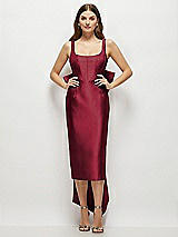 Front View Thumbnail - Burgundy Scoop Neck Corset Satin Midi Dress with Floor-Length Bow Tails