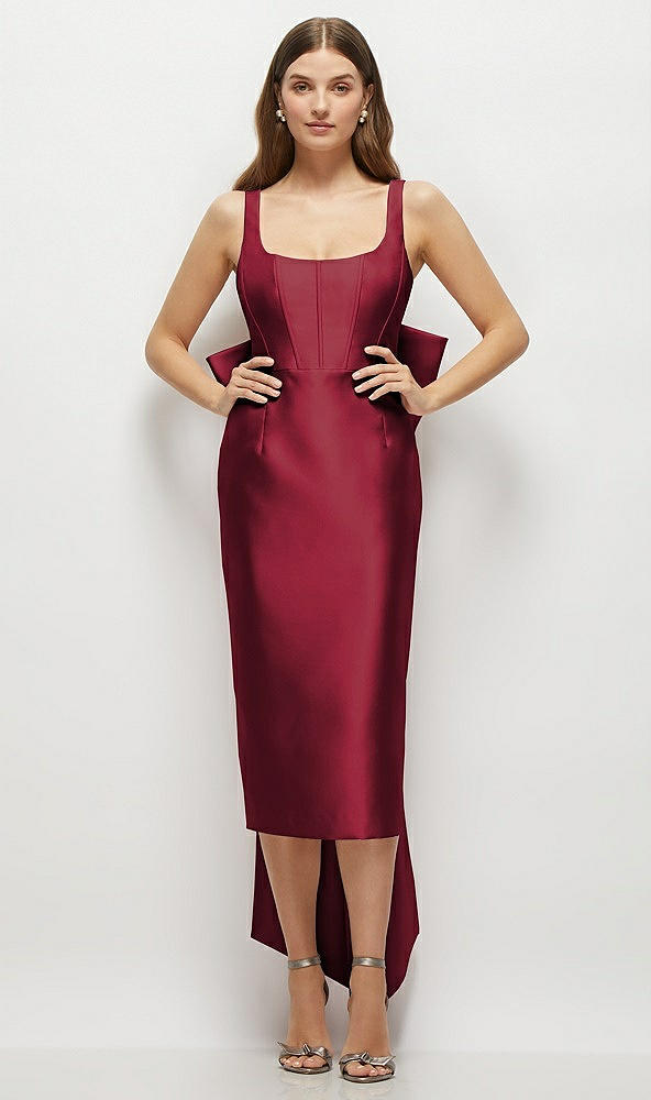 Front View - Burgundy Scoop Neck Corset Satin Midi Dress with Floor-Length Bow Tails