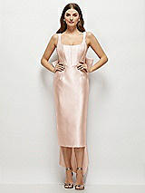 Front View Thumbnail - Cameo Scoop Neck Corset Satin Midi Dress with Floor-Length Bow Tails