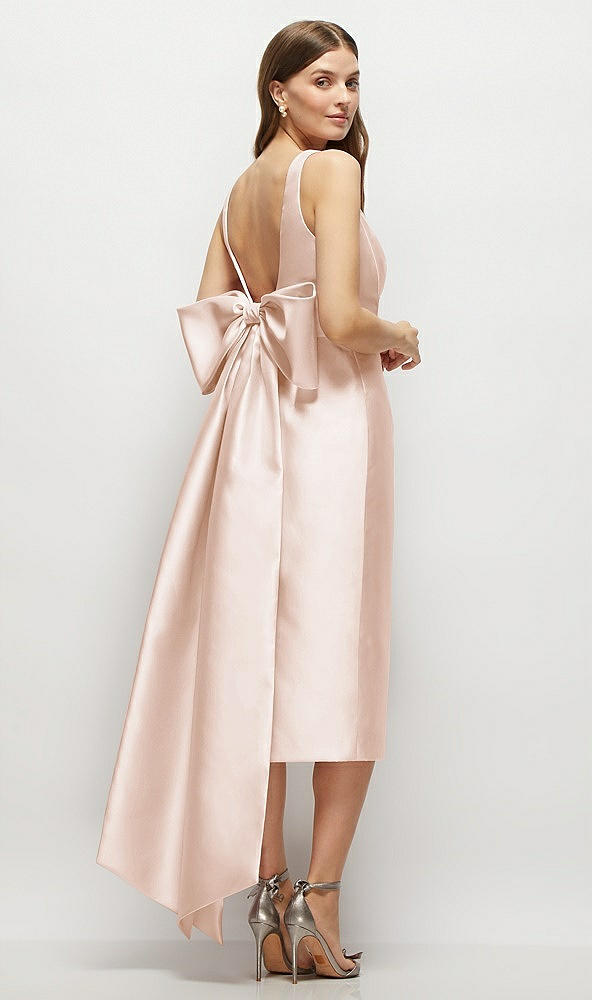 Back View - Cameo Scoop Neck Corset Satin Midi Dress with Floor-Length Bow Tails