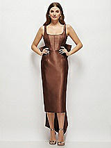 Front View Thumbnail - Cognac Scoop Neck Corset Satin Midi Dress with Floor-Length Bow Tails