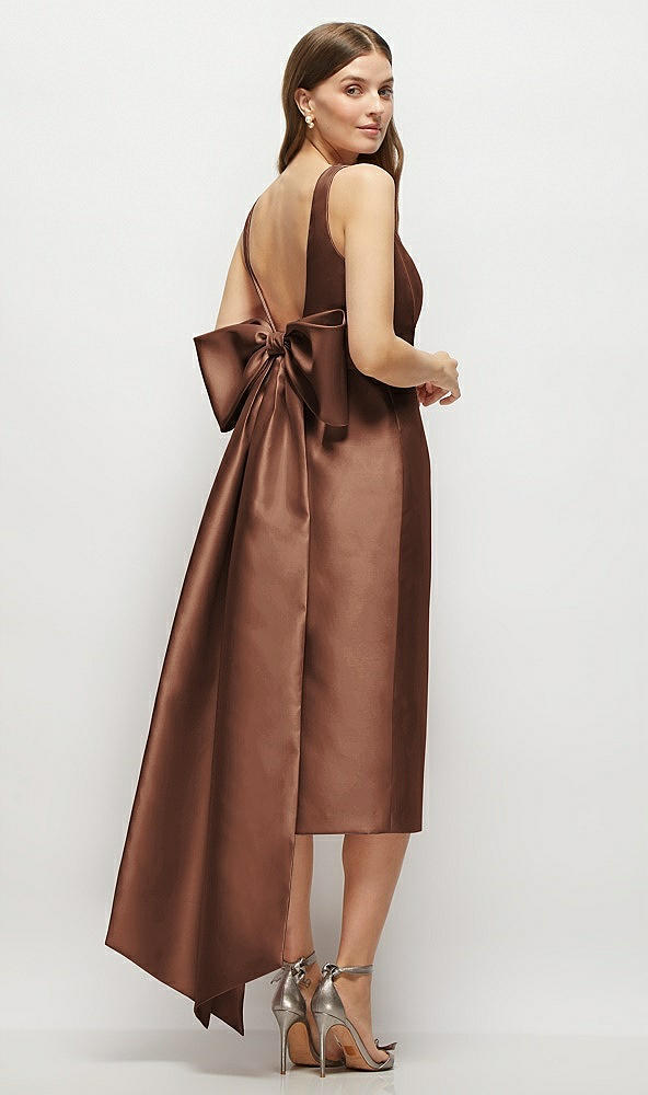 Back View - Cognac Scoop Neck Corset Satin Midi Dress with Floor-Length Bow Tails