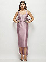 Front View Thumbnail - Dusty Rose Scoop Neck Corset Satin Midi Dress with Floor-Length Bow Tails