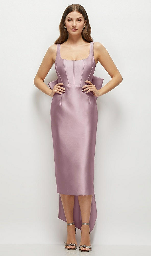 Front View - Dusty Rose Scoop Neck Corset Satin Midi Dress with Floor-Length Bow Tails