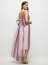 Rear View Thumbnail - Dusty Rose Scoop Neck Corset Satin Midi Dress with Floor-Length Bow Tails