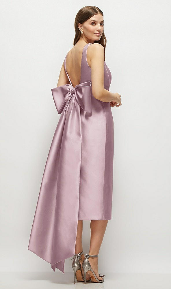 Back View - Dusty Rose Scoop Neck Corset Satin Midi Dress with Floor-Length Bow Tails