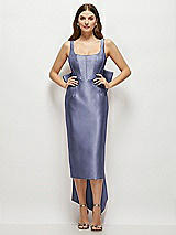 Front View Thumbnail - French Blue Scoop Neck Corset Satin Midi Dress with Floor-Length Bow Tails